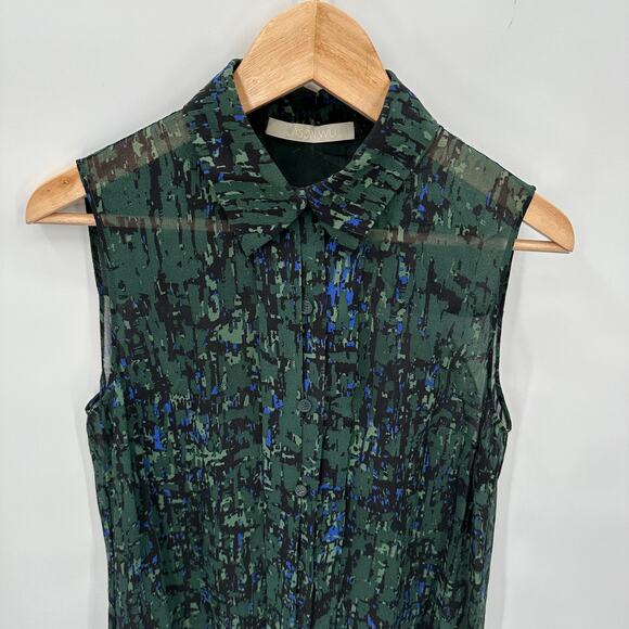 JASON WU 100% Silk Collared Green Print Button Up Sleeveless Blouse Top // 6 - Picture 2 of 11
